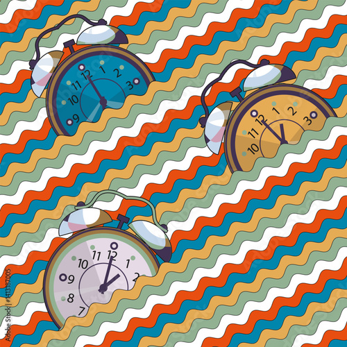 Stylized alarm clocks float in color waves. Art concept of time. Vector illustration