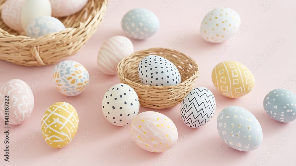 Minimal Easter themed flat lay featuring assorted pastel eggs modern patterns scattered on light pink paper backdrop from a small woven basket Minimal Easter themed flat lay featuring assorted pastel eggs modern patterns scattered on light pink paper backdrop from a small woven basket