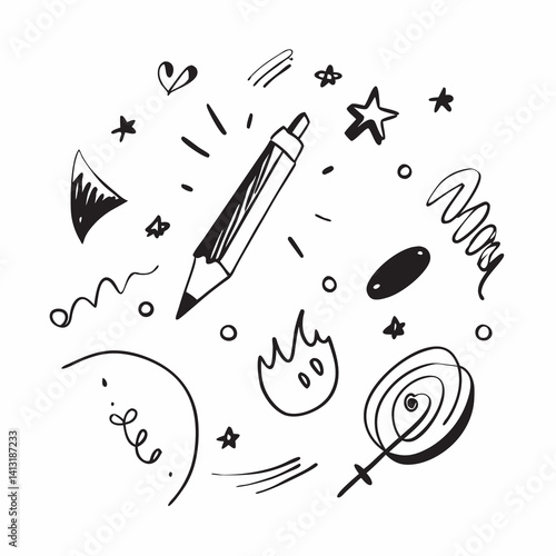 Hand-drawn doodles: pencil, stars, candy