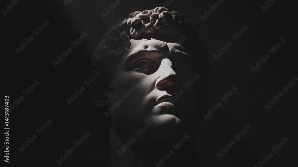 Obraz premium Classical marble sculpture head in dramatic dark lighting on black background.