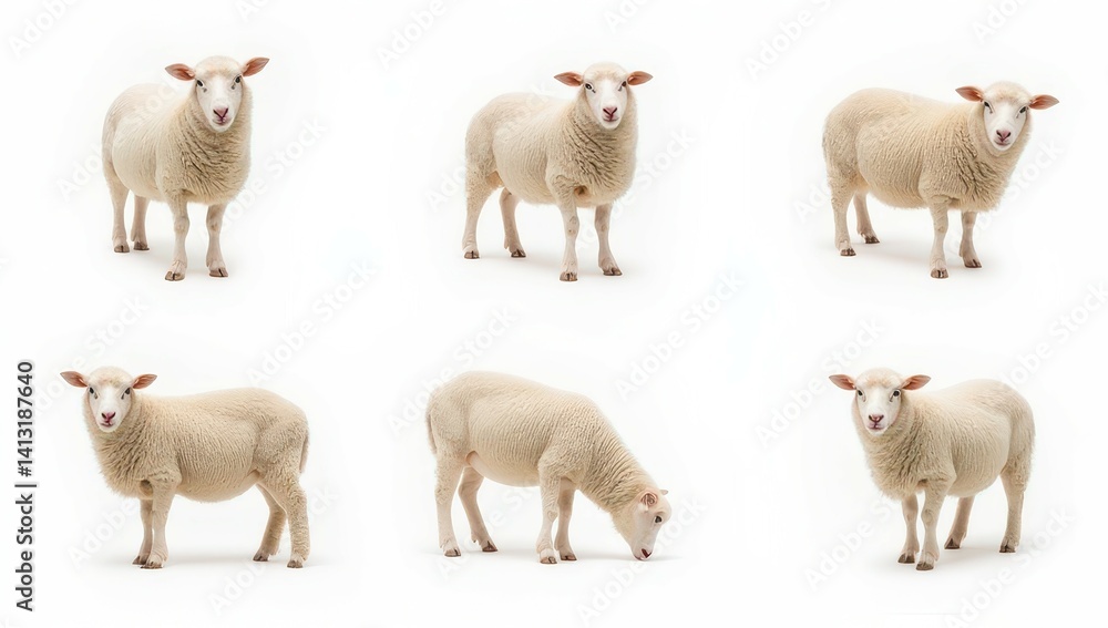 Fototapeta premium Six White Sheep in Various Poses on White Background