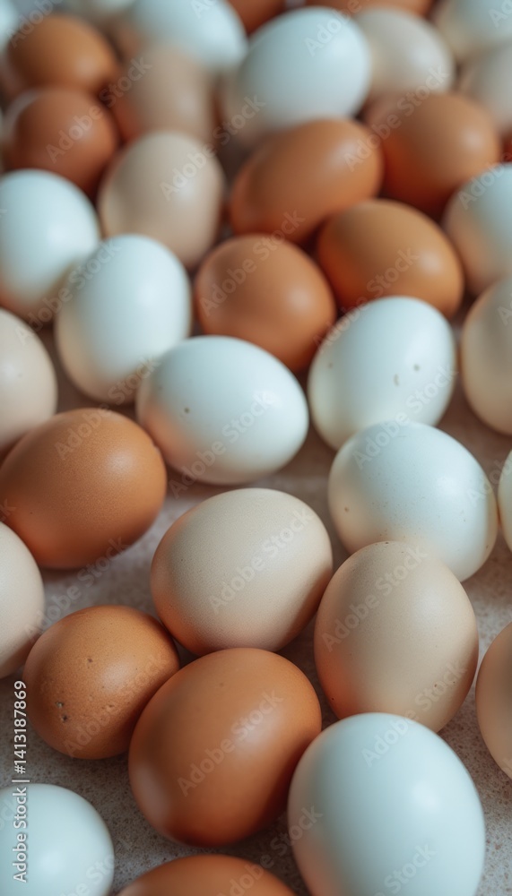 This captivating image showcases a delightful assortment of eggs in varying shades of brown and white, creating a visually appealing pattern. The smooth textures and natural colors evoke a sense of This captivating image showcases a delightful assortment of eggs in varying shades of brown and white, creating a visually appealing pattern. The smooth textures and natural colors evoke a sense of