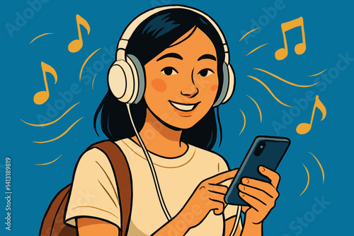 Smiling Student Enjoying Music on Phone with Headphones  