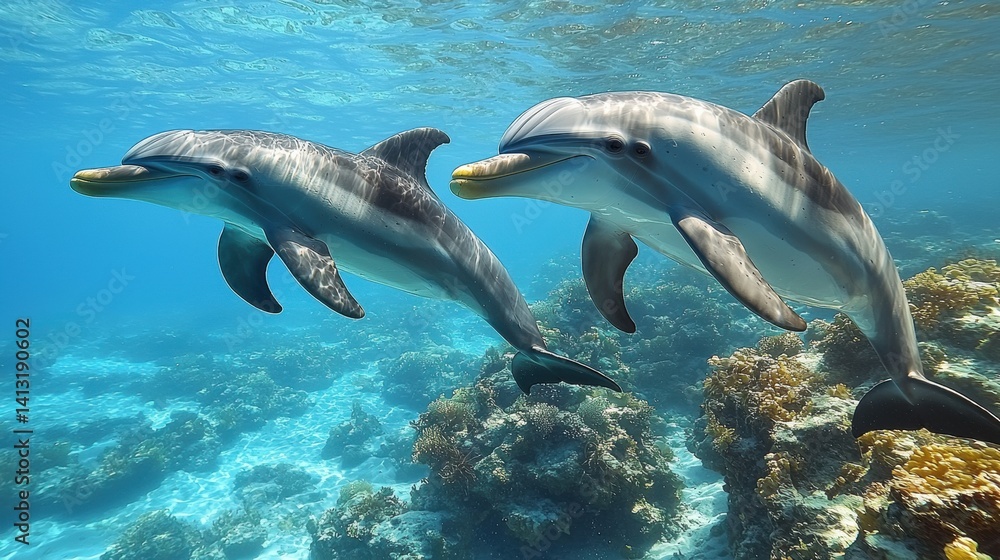 Fototapeta premium Two dolphins swimming gracefully in a clear tropical ocean, surrounded by vibrant coral reefs.