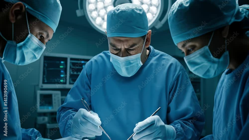 Surgeons performing operation in hospital operating room. Surgeons performing operation in hospital operating room.