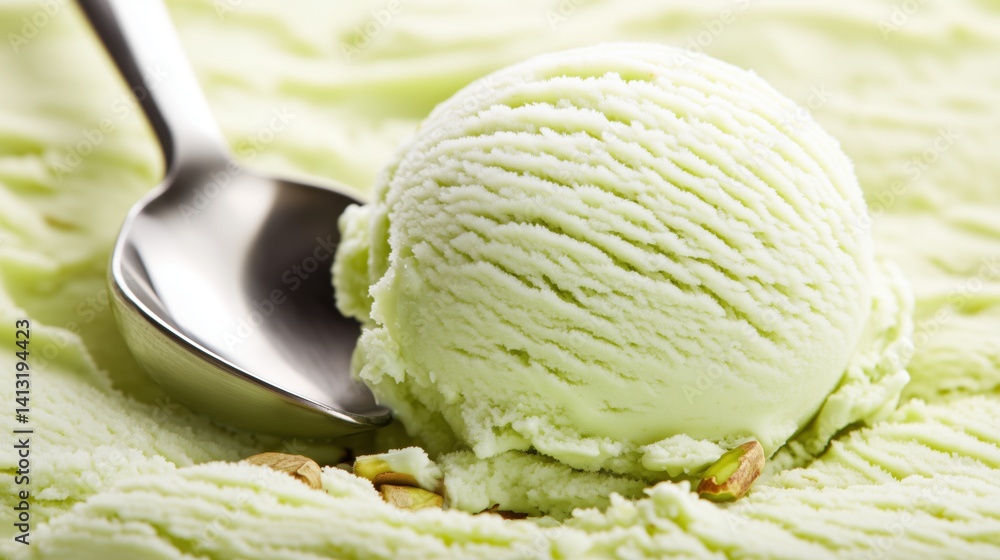 Pistachio ice cream scoop on green cream with a stainless steel spoon and crushed pistachios in a dessert setting Pistachio ice cream scoop on green cream with a stainless steel spoon and crushed pistachios in a dessert setting