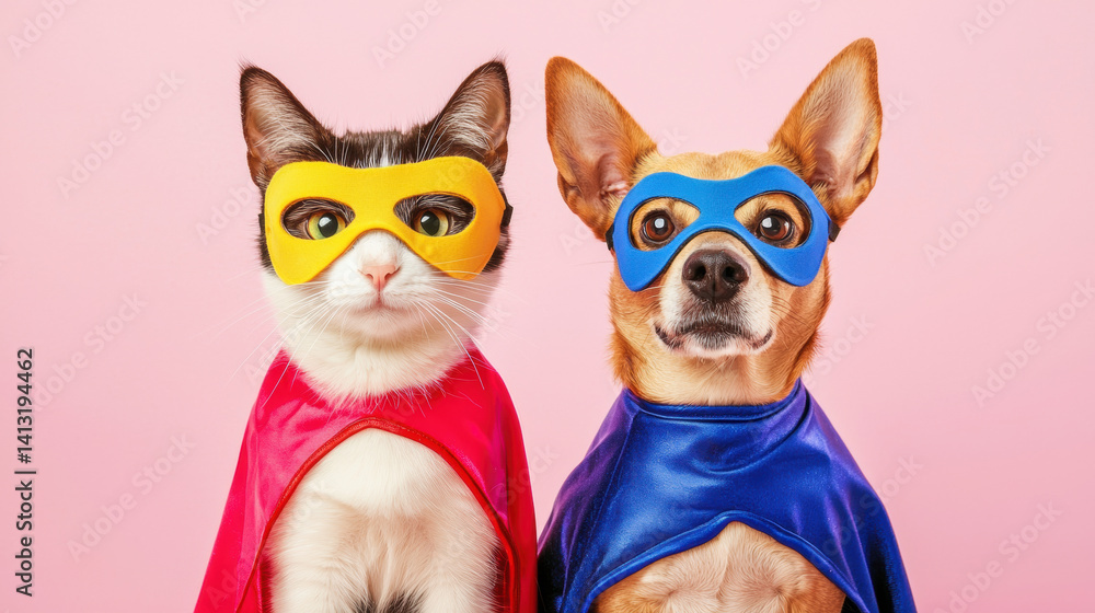 Fototapeta premium Cute cat and dog dressed like superheroes with colorful masks and capes, side by side on pink background