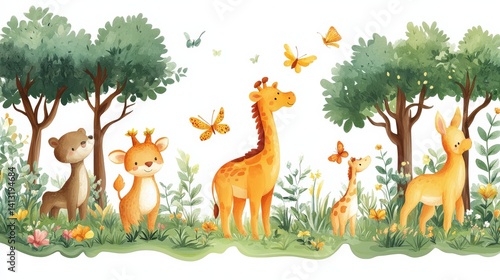 Charming illustration of playful animals in a vibrant forest, surrounded by butterflies and flowers