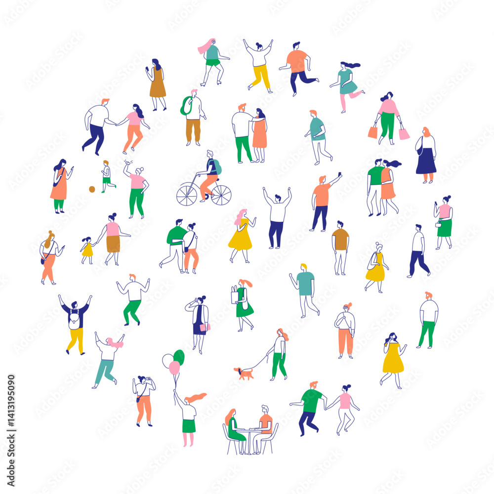 Line art people color big bundle. City Crowd. Hand drawn People vector set. Male and female flat characters isolated on white background.