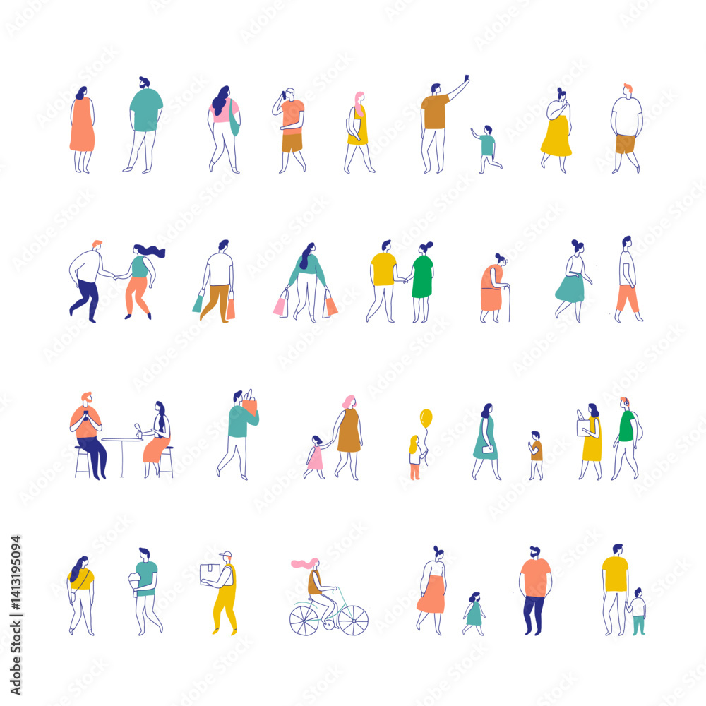 Line art people color big bundle. City Crowd. Hand drawn People vector set. Male and female flat characters isolated on white background.