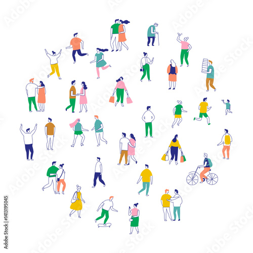 Line art people color big bundle. City Crowd. Hand drawn People vector set. Male and female flat characters isolated on white background.	