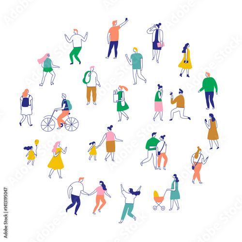 Line art people color big bundle. City Crowd. Hand drawn People vector set. Male and female flat characters isolated on white background.	