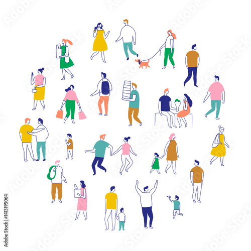 Line art people color big bundle. City Crowd. Hand drawn People vector set. Male and female flat characters isolated on white background.	