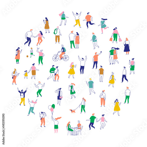 Obraz na płótnie Line art people color big bundle. City Crowd. Hand drawn People vector set. Male and female flat characters isolated on white background. w salonie
