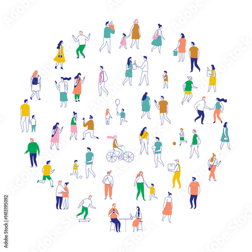 Line art people color big bundle. City Crowd. Hand drawn People vector set. Male and female flat characters isolated on white background.	