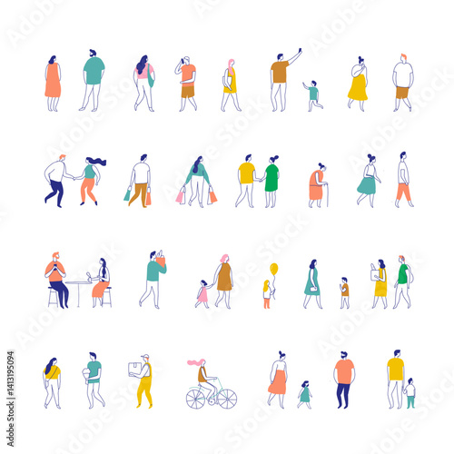 Obraz na płótnie Line art people color big bundle. City Crowd. Hand drawn People vector set. Male and female flat characters isolated on white background. w salonie