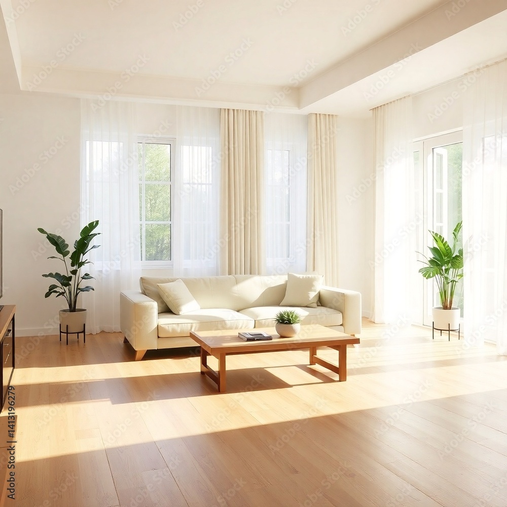 Experience the bright simplicity of this living room, featuring a cream sofa, light wood, sheer white curtains, and vibrant potted greenery Experience the bright simplicity of this living room, featuring a cream sofa, light wood, sheer white curtains, and vibrant potted greenery