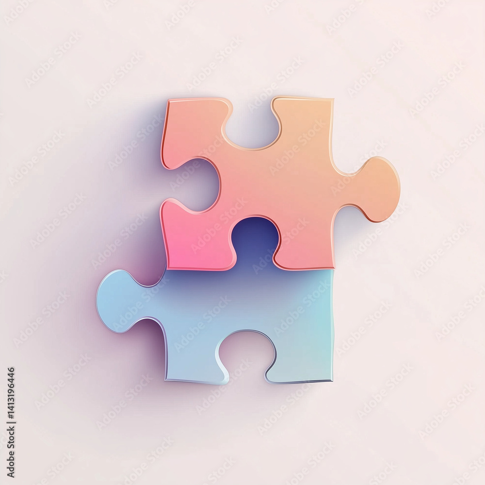 Two interlocking gradient puzzle pieces in pastel colors on light background Two interlocking gradient puzzle pieces in pastel colors on light background