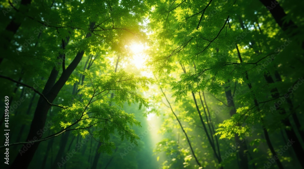 Fototapeta premium Lush green forest canopy with sunlight filtering through leaves