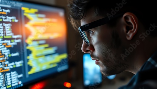 Focused developer coder man wearing glasses looking at computer screen. High definition cinematic photography