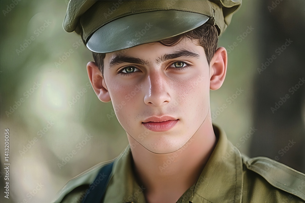 Portrait of young man in olive military uniform with intense gaze, blurred outdoor background and soft lighting
Portrait of young man in olive military uniform with intense gaze, blurred outdoor background and soft lighting