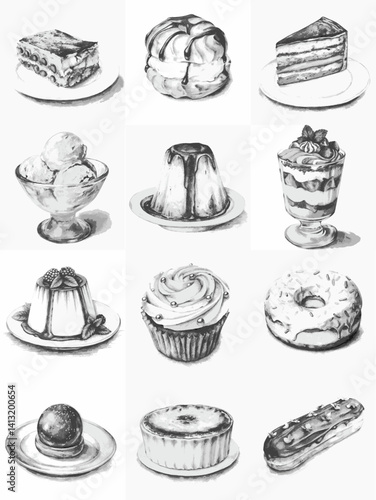 Set of twelve luxury dessert vector illustrations including éclairs, soufflés, tiramisu, lava cake, panna cotta, and more. Perfect for high-end patisserie branding, restaurant menus, upscale food blog