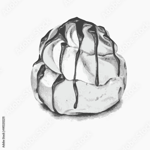 Choux pastry profiterole with chocolate drizzle on white background. Perfect for high-end patisserie branding, restaurant menus, upscale food blogs, packaging design, and culinary magazines.
