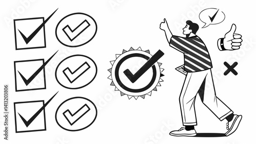 Man celebrates achieving goals feeling accomplished and positive Simple line art style checkmarks