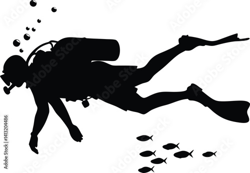 Silhouette of a Scuba Diver and Fish Swimming Underwater in the Ocean

