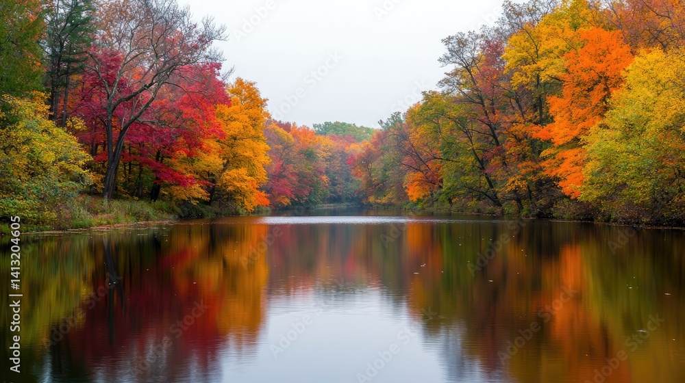 Fototapeta premium Autumnal lake reflects vibrant foliage