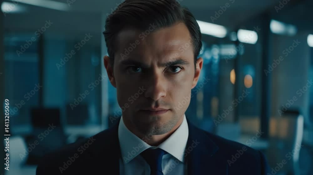 Stern Businessman Stares Intensely in Modern Office Environment Stern Businessman Stares Intensely in Modern Office Environment