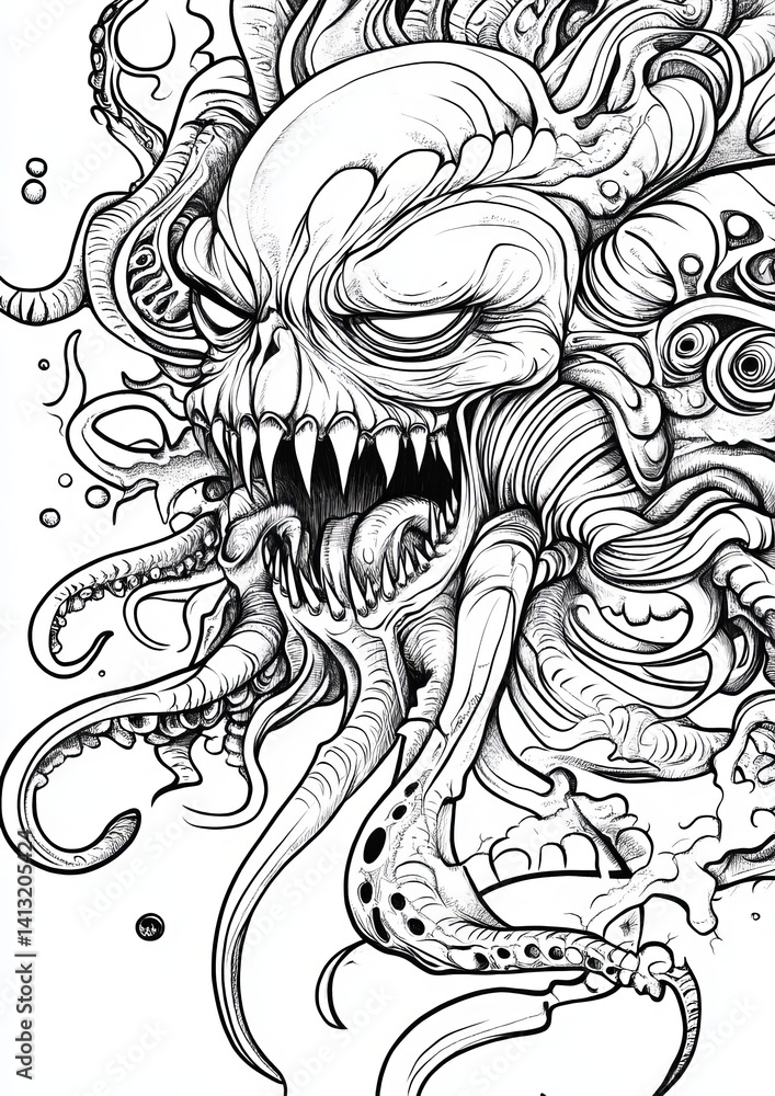 Fototapeta premium Alien Deep Sea Creatures Grayscale Coloring Page