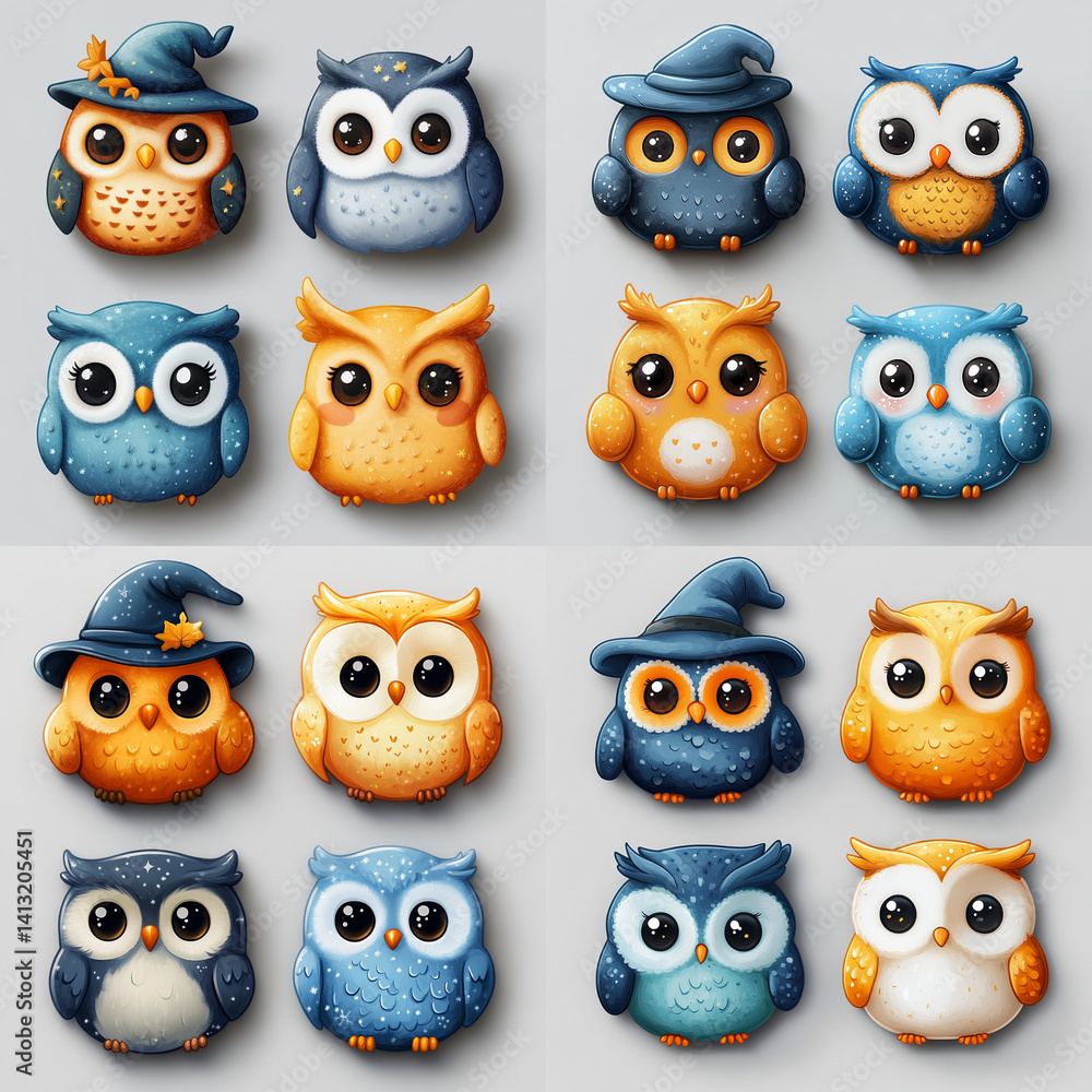 Fototapeta premium Set of tiny enchanted owls
