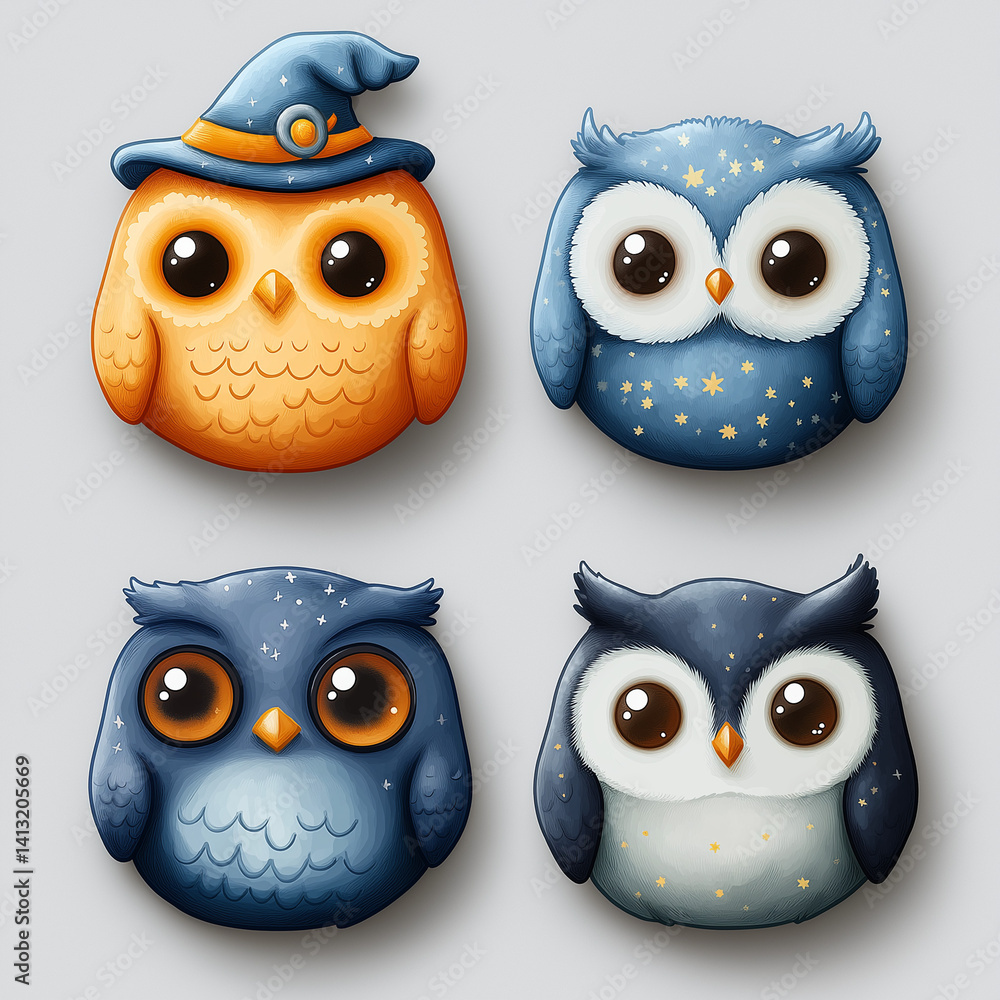 Fototapeta premium Set of tiny enchanted owls