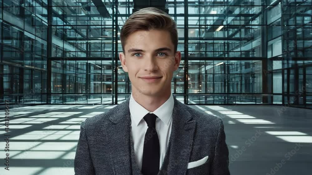 Confident young businessman in a gray suit standing in the center of a bright modern office atrium with glass walls and geometric shadows. Confident young businessman in a gray suit standing in the center of a bright modern office atrium with glass walls and geometric shadows.