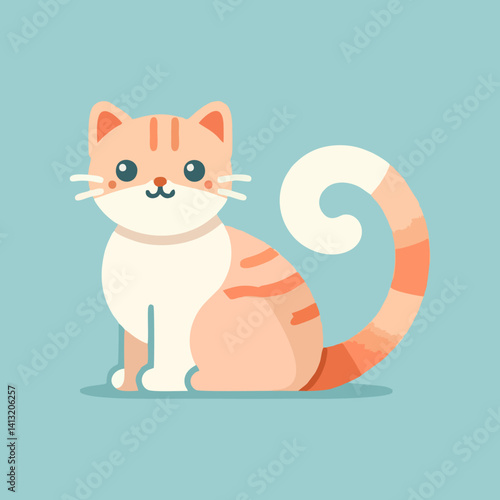 Domestic kitten vector drawing in cute cartoon style with smiling face and relaxed pose perfect for children’s books pet art and animal lover designs