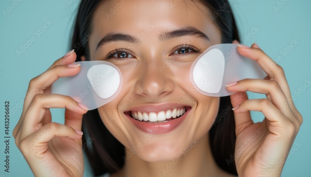 A cheerful young woman with long dark hair holds translucent skincare patches against her eyes, radiating joy and confidence. Her bright smile and fresh complexion highlight the importance of self A cheerful young woman with long dark hair holds translucent skincare patches against her eyes, radiating joy and confidence. Her bright smile and fresh complexion highlight the importance of self
