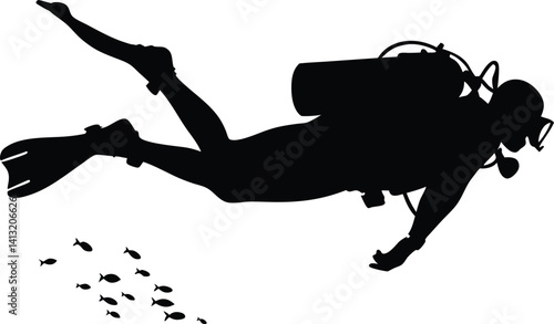 Silhouette of a Scuba Diver and Fish Swimming Underwater in the Ocean

