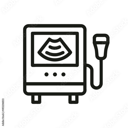 Minimal black line icon of ultrasound machine with probe symbolizing medical imaging, diagnostics, and prenatal examination