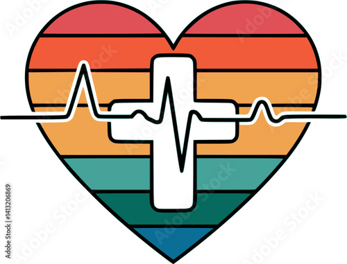 Vintage Sunset Heartbeat Medical Cross Vector – Healthcare-Inspired T-Shirt Design Featuring Heart with Pulse Line – Perfect for Nurses, Doctors, EMTs, and Medical Professionals