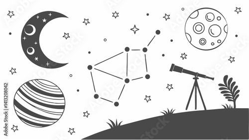 Exploring the night sky a celestial journey with moon stars planets and a telescope in a simple