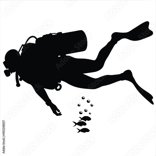 Silhouette of a Scuba Diver and Fish Swimming Underwater in the Ocean

