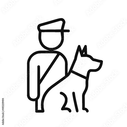Minimal black line icon of security officer with guard dog symbolizing protection, law enforcement, and safety patrol