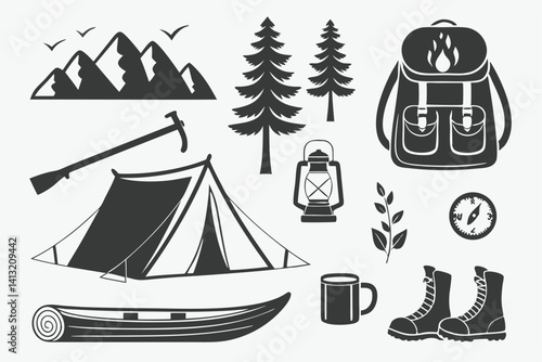 4 Camping icons, outdoor adventure symbols, black silhouettes, wilderness equipment, tent, campfire, trees, backpack, lantern, axe, boat, sunglasses, coffee mug, fishing rod, suitcase, hiking boots, l