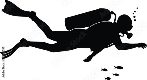 Silhouette of a Scuba Diver and Fish Swimming Underwater in the Ocean

