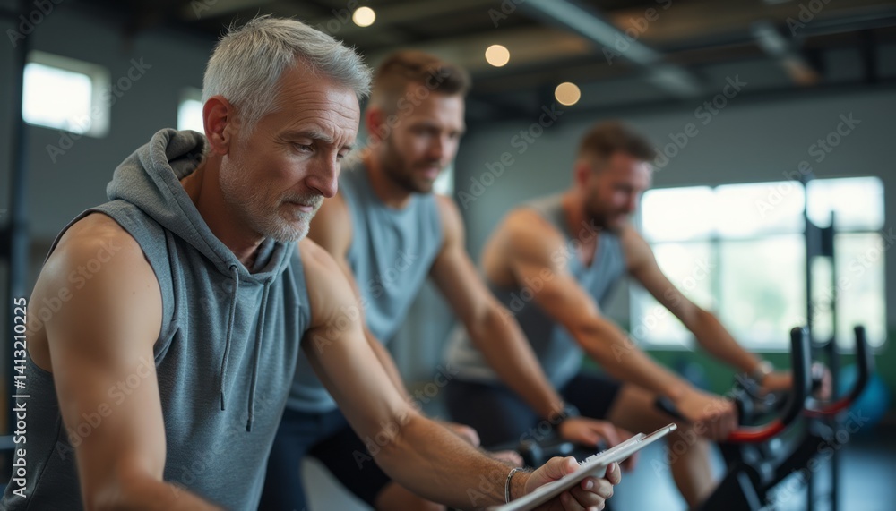 Fototapeta premium An older man with gray hair intently reviews his workout stats on a tablet, flanked by two younger men cycling vigorously. This dynamic scene captures the essence of fitness and determination