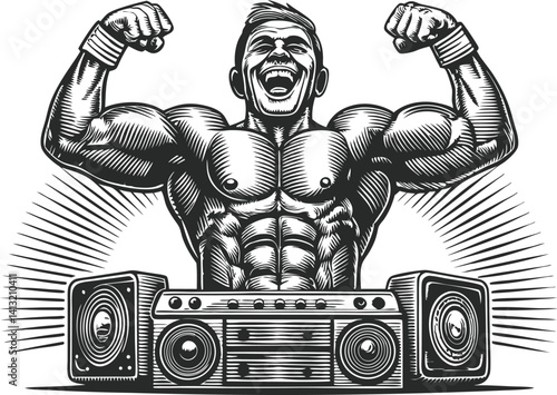 Black and white engraving of a muscular bodybuilder flexing with exaggerated muscles and laughing expression

