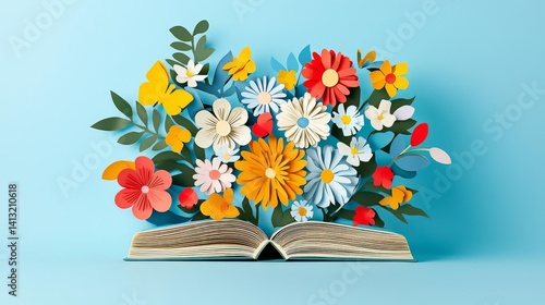 A vibrant paper flower arrangement blooming from an open book against a light blue background.
