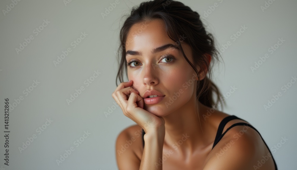This stunning close-up features a young woman with long, flowing hair and a serene expression, resting her chin on her hand. Her natural beauty shines through, highlighted by soft lighting that This stunning close-up features a young woman with long, flowing hair and a serene expression, resting her chin on her hand. Her natural beauty shines through, highlighted by soft lighting that