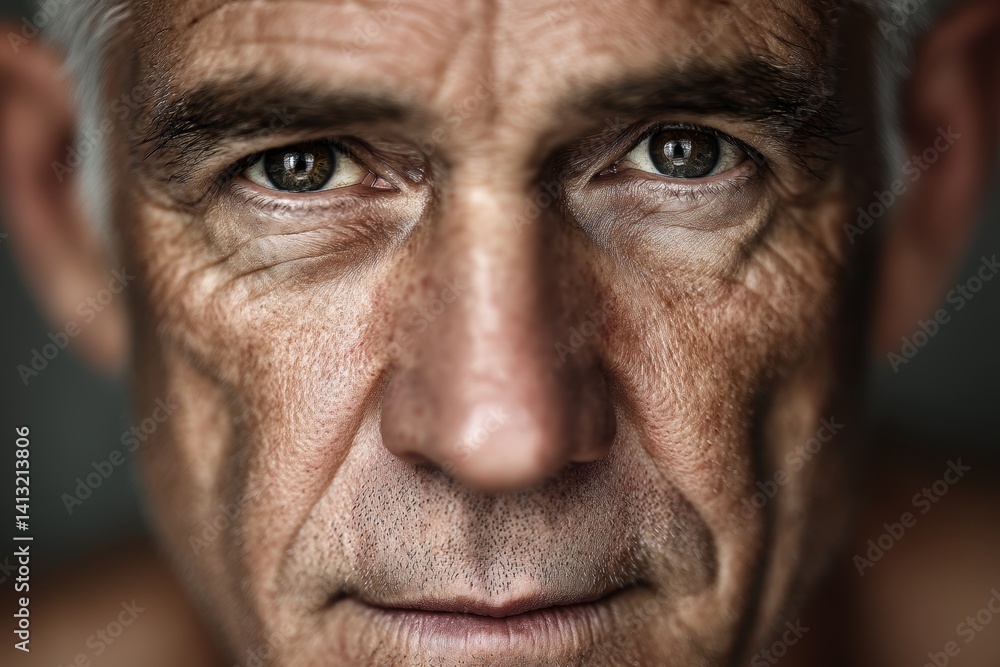 Close-up shot of an older man's face with detailed wrinkles, showing intense gaze and expressive features. The image highlights texture and emotion, focusing on eyes and skin Close-up shot of an older man's face with detailed wrinkles, showing intense gaze and expressive features. The image highlights texture and emotion, focusing on eyes and skin